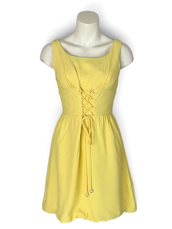 Vintage Dresses & Skirts - Vintage 60s Lemon Yellow Lace Up Corset Waist Dress Sleeveless Fit & Flare